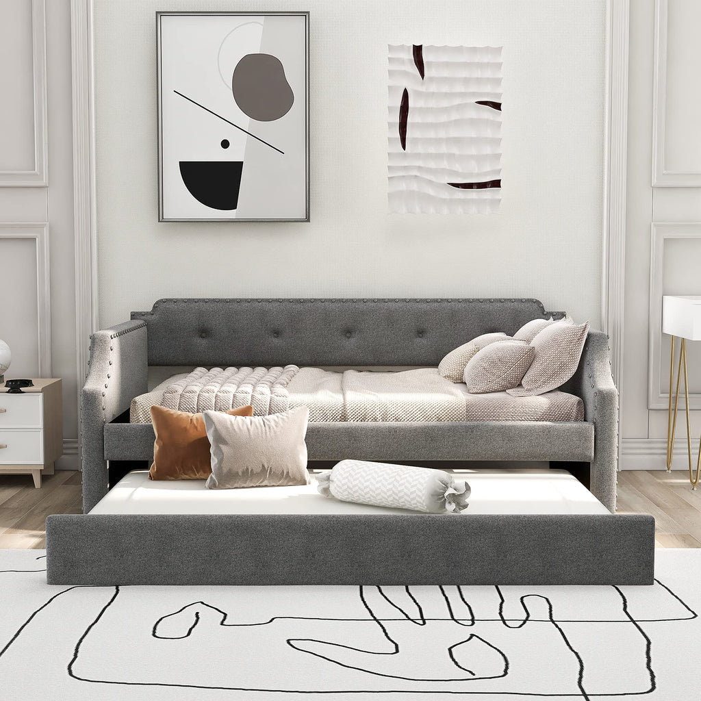 Twin Size Gray Linen Upholstered Daybed with Trundle G90171