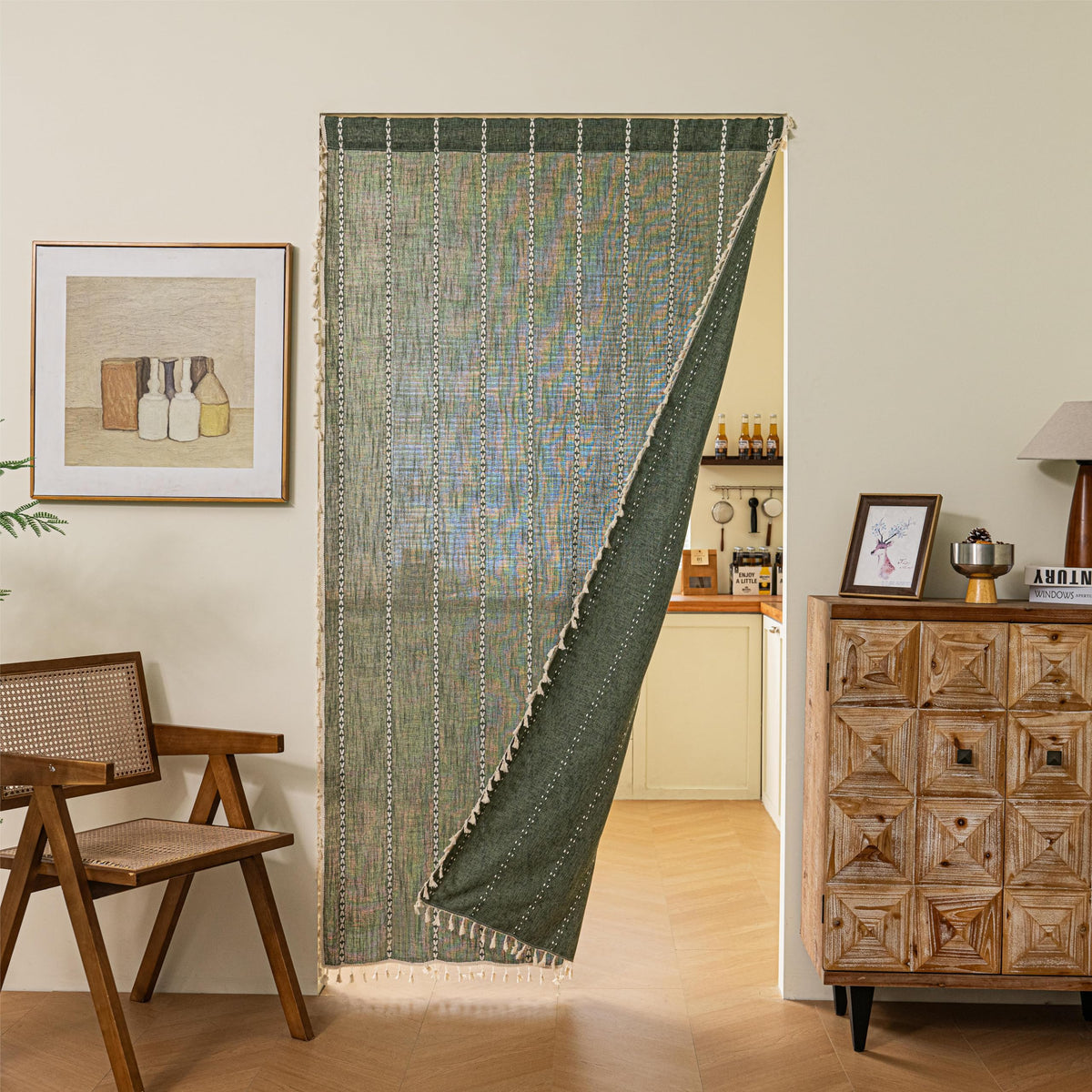 Boho Linen Tassles Light Filtering Door Curtains, Rod Pocket 1 Panel Olive Green E59751
