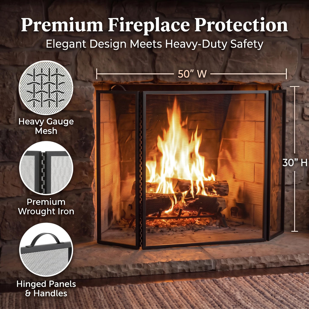 Metal Fireplace Screen 3 Panel Black W4706