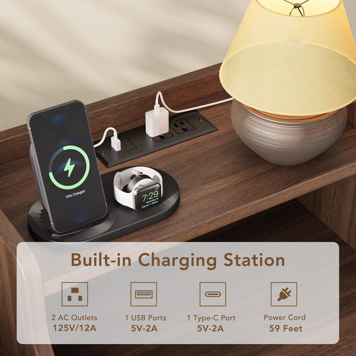 Mid Century Modern Nightstand Set of 2 with Charging Station R725668