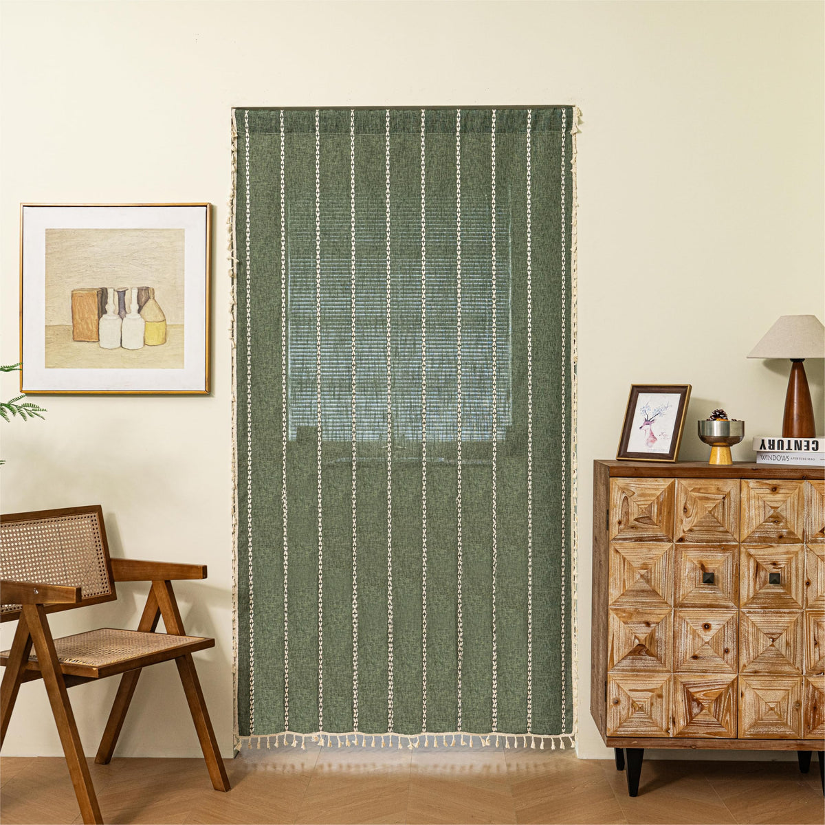 Boho Linen Tassles Light Filtering Door Curtains, Rod Pocket 1 Panel Olive Green E59751
