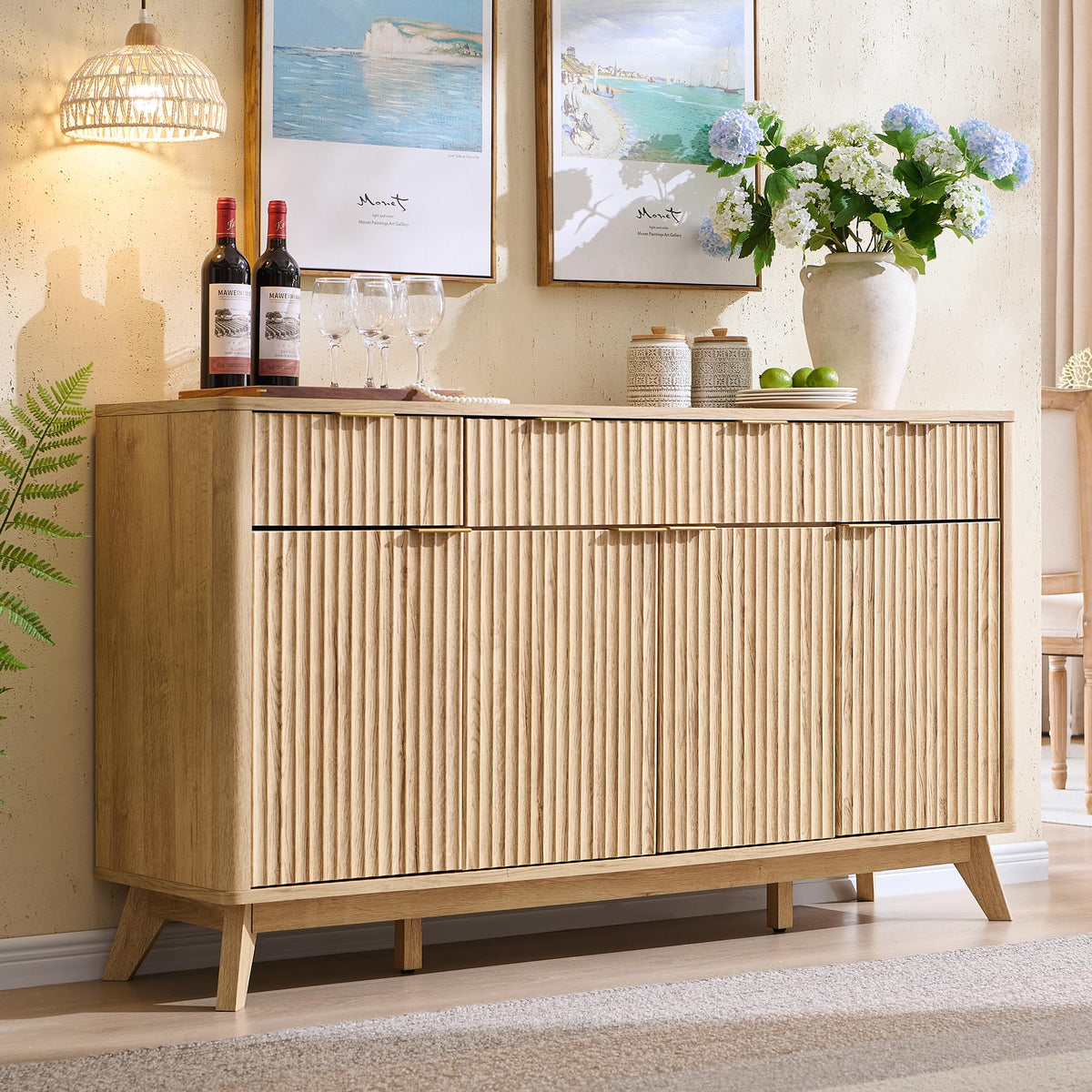 60" Natural Oak Storage Sideboard Cabinet with Drawers M92175